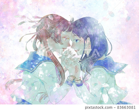 Two girls holding hands / Part 1 / Sakura background 83663081
