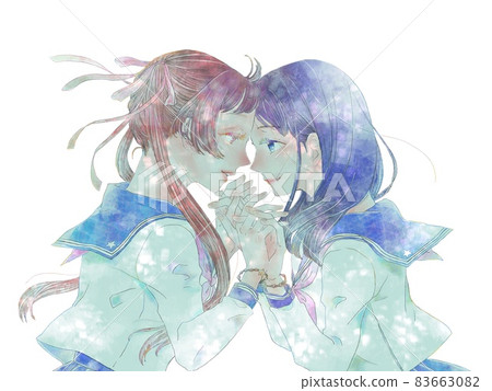 Two girls holding hands / Part 1 / Light blue light 83663082