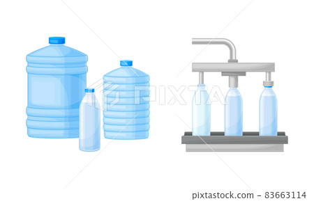 Drinking Water Poured in Plastic Bottles and Moving on Conveyor Belt Vector Set 83663114