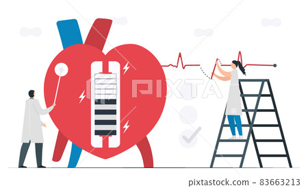 This heart disease problem is bradycardia arrhythmia. Diagnostic and analysis shows that periodic signal is slow impulse response around sinus node. Cardiology vector illustration. This heart disease problem is bradycardia arrhythmia. Diagnostic and analysis shows that periodic signal is slow impulse response around sinus node. Cardiology vector illustration. 83663213