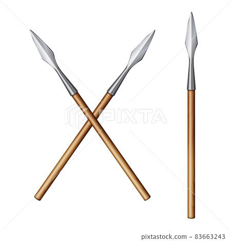 Color realistic image of two crossed spears isolated on a white 83663243