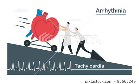 Doctor and medical assistant push heart that flows down quickly. This heart disease called tachycardia arrhythmia. Periodic signal is fast impulse response. Isolated cardiology vector illustration. Doctor and medical assistant push heart that flows down quickly. This heart disease called tachycardia arrhythmia. Periodic signal is fast impulse response. Isolated cardiology vector illustration. 83663249