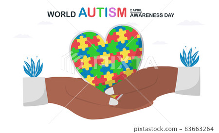 Banner template for World Austism Awareness Day, 2 April. This day will be raise awareness about autistic spectrum disorders people. Multicolored jigsaw in heart shape. 83663264
