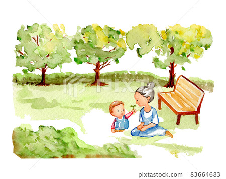 手繪水彩畫父母和孩子在公園玩耍 83664683