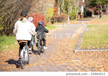 Parents and children riding bicycles in Karuizawa during the fall foliage season 83664815