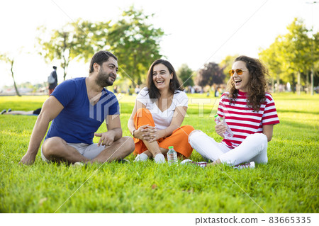 Three friends sitting on the grass in the park Three friends sitting on the grass in the park 83665335