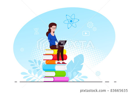 Woman sitting on stack of books with laptop Woman sitting on stack of books with laptop 83665635