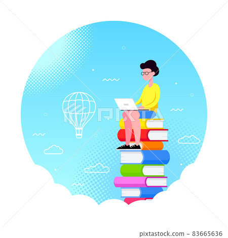 Young man sitting on stack of books with laptop 83665636