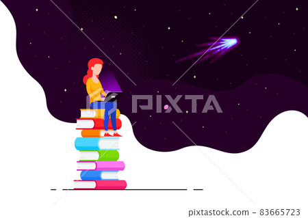 Woman sitting on stack of books with laptop Woman sitting on stack of books with laptop 83665723