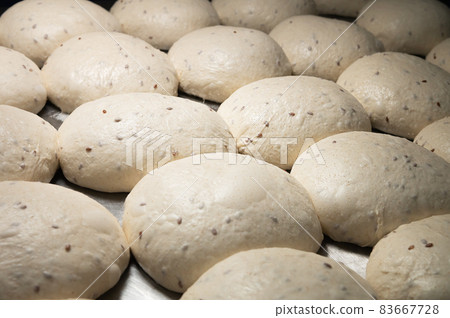 Close-up Homemade yeast dough buns for cutlets on a baking sheet. Hamburger buns dough pieces 83667728