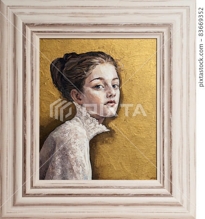 Framed oil painting. Portrait of a girl on a gold background.  83669352