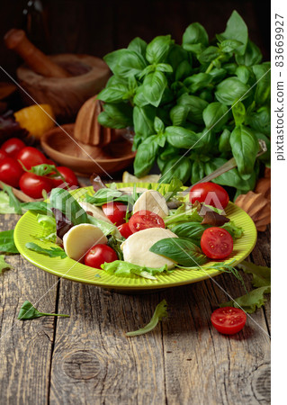 Green salad with mozzarella, tomato and basil. Green salad with mozzarella, tomato and basil. 83669927