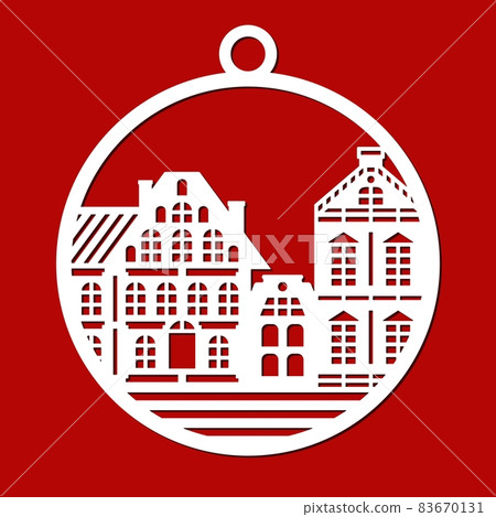 Hanging balls with facades of European houses. Decoration for interior, Christmas tree, New Years holidays. Template of round decorative elements for plotter laser cutting, cnc. Vector illustration. Hanging balls with facades of European houses. Decoration for interior, Christmas tree, New Years holidays. Template of round decorative elements for plotter laser cutting, cnc. Vector illustration. 83670131