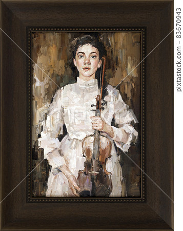 Framed girl in a white dress holding a violin in her hands. 83670943