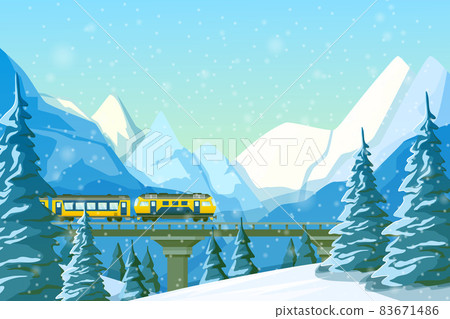 High-speed train traveling by rail, on a bridge, among mountains, snow-covered hills, winter forest pines and hills. Winter fir trees in snow among snow-capped mountains landscape illustration High-speed train traveling by rail, on a bridge, among mountains, snow-covered hills, winter forest pines and hills. Winter fir trees in snow among snow-capped mountains landscape illustration 83671486