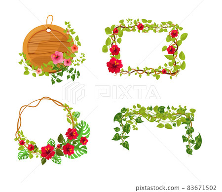 Liana branches frames. Rainforest leaves and tropical liana. Game elements plants of jungle and frames with space for text. Jungle cartoon games plank liana isolated. Branches and wooden boards 83671502