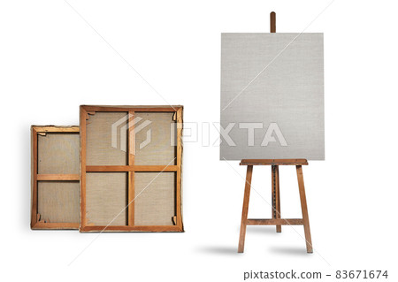 Authentic wooden easel with vertical format of canvas. Authentic wooden easel with vertical format of canvas. 83671674