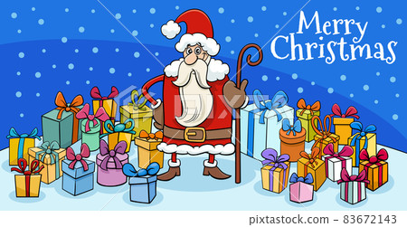 greeting card with Santa Claus with presents on Christmas time greeting card with Santa Claus with presents on Christmas time 83672143