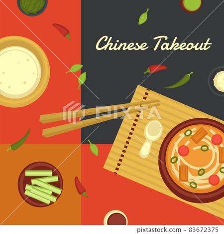 Chinese takeout food, bowl with noodles veggies 83672375