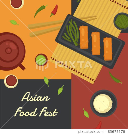 Asian food fest, tea in kettle and served meal Asian food fest, tea in kettle and served meal 83672376