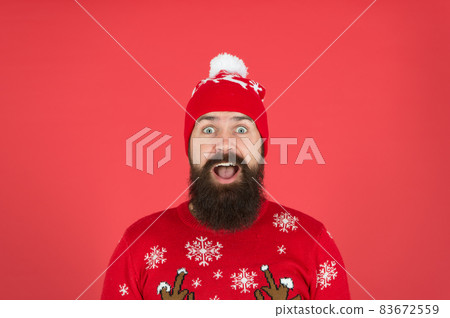 Life is surprising. Man hipster wear winter knitted hat. Life is surprising. Man hipster wear winter knitted hat. 83672559