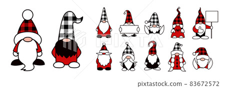 Christmas gnomes isolated illustrations. Buffalo check plaid. Red black and white colors. Set of vector cartoon garden gnome characters 83672572