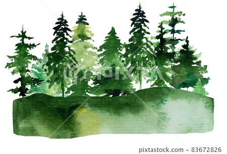 Winter Christmas Watercolor with green coniferous trees landscape Winter Christmas Watercolor with green coniferous trees landscape 83672826