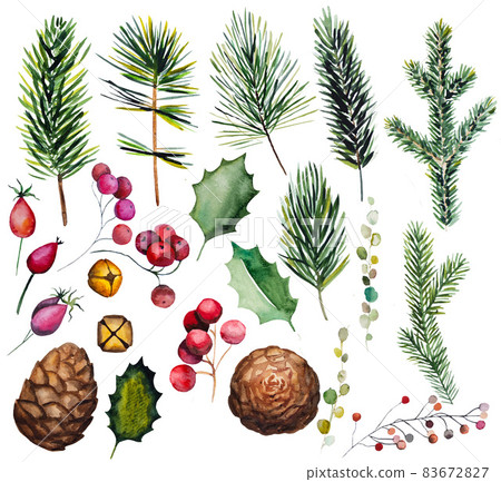 Winter Christmas Watercolors set with fir tree branches, bells, holly leaves and berries Winter Christmas Watercolors set with fir tree branches, bells, holly leaves and berries 83672827