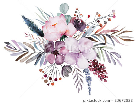 Winter floral Watercolor bouquet with pastel leaves, berries and flowers 83672828