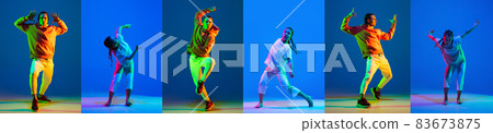 Collage of talented young boy and girl dancing hip-hop isolated over blue background in neon lights Collage of talented young boy and girl dancing hip-hop isolated over blue background in neon lights 83673875
