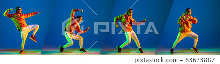 Full-length collage of four pictures of young man dancing hip-hop isolated over multicolored background in neon lights Full-length collage of four pictures of young man dancing hip-hop isolated over multicolored background in neon lights 83673887