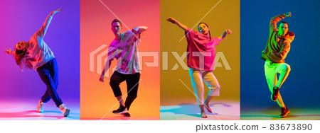 Full-length collage of four active young people, male and female, dancing isolated over multicolored background in neon lights 83673890