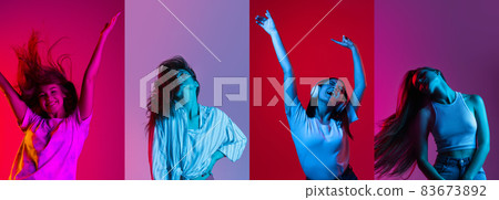 Collage of four beautiful young girls dancing isolated over multicolored background in neon lights Collage of four beautiful young girls dancing isolated over multicolored background in neon lights 83673892