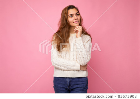 Shot of young attractive caucasian woman in trendy casual clothes. Sexy carefree female person Shot of young attractive caucasian woman in trendy casual clothes. Sexy carefree female person 83673908