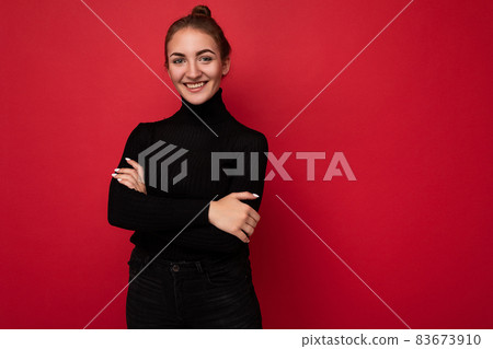 Photo of cute nice winsome positive adult woman wearing casual outfit isolated on background wall Photo of cute nice winsome positive adult woman wearing casual outfit isolated on background wall 83673910