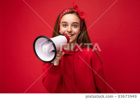 Photo portrait of beautiful attractive cute positive happy smiling dark blonde little female Photo portrait of beautiful attractive cute positive happy smiling dark blonde little female 83673949