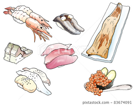 傳送帶壽司材料 7 種套裝 [蝦、壽司、金槍魚、貝類、鯖魚麵糊、灑鮭魚子、壽司] 83674091