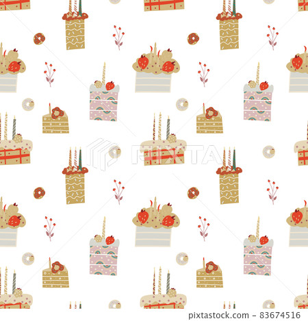 Seamless pattern with baked goods, cakes, candles. Colorful vector design for print and web. Seamless pattern with baked goods, cakes, candles. Colorful vector design for print and web. 83674516