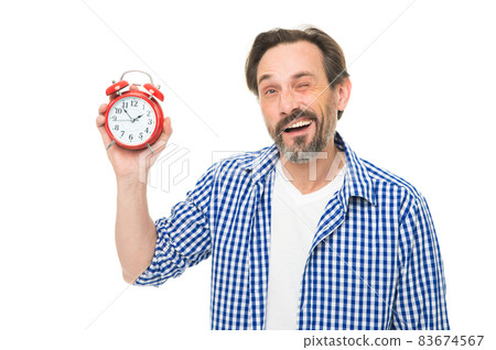 What time is it. Bearded senior man with mechanical clock 83674567