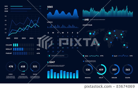 Dashboard UI. Data HUD diagram design, graph and chart modern graphic interface. Vector futuristic dashboard modern infographic black design 83674869