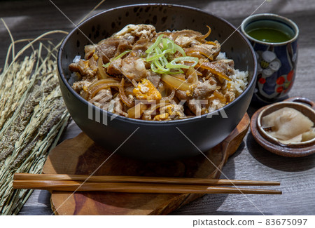 Japanese pork rice bowl with egg and onion (Donburi) served with pickled ginger and green tea. Japanese pork rice bowl with egg and onion (Donburi) served with pickled ginger and green tea. 83675097