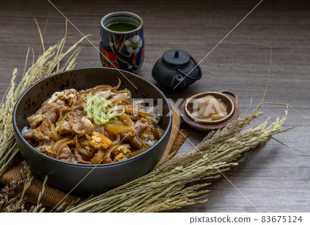 Japanese pork rice bowl with egg and onion (Donburi) served with pickled ginger and green tea. Japanese pork rice bowl with egg and onion (Donburi) served with pickled ginger and green tea. 83675124