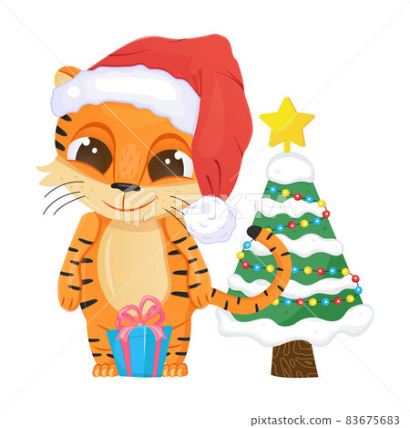 Cute tiger vector. Happy Chinese New Year 2022 symbol. Funny tiger kid with big eyes and santa hat. 83675683