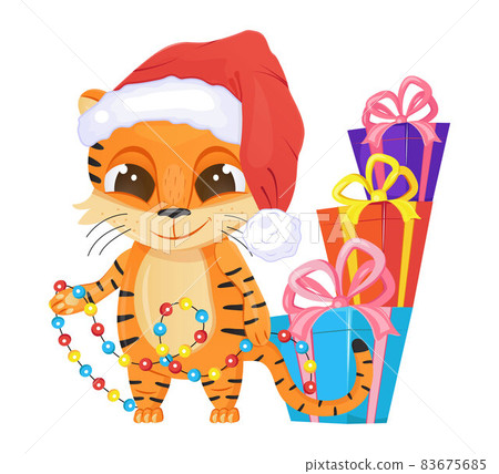 Cute tiger vector. Happy Chinese New Year 2022 symbol. Funny tiger kid with big eyes and santa hat. Gifts, garland are shown. Cute tiger vector. Happy Chinese New Year 2022 symbol. Funny tiger kid with big eyes and santa hat. Gifts, garland are shown. 83675685