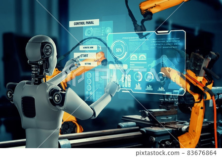 Mechanized industry robot and robotic arms for assembly in factory production . 83676864