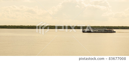 ARKHANGELSK, RUSSIA - 07-13-2021. Ship on the Northern Dvina. Pleasure boat Sapfir-1 is sailing along the river 83677008