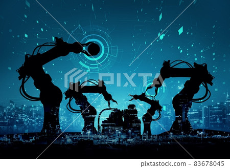 Mechanized industry of future factory double exposure image 83678045
