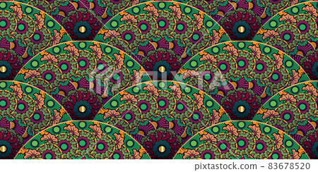 Flowers seamless modern colorful pattern. Seigaiha ornament in Japanese style. Fashion floral hand drawn. Peacock tail. Banner Vector illustration multicolor vintage background 83678520