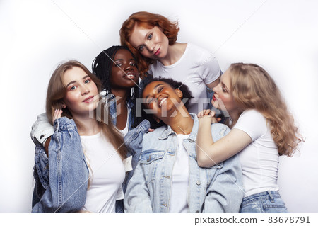 diverse multi nation girls group, teenage friends company cheerful having fun, happy smiling, cute posing isolated on white background, lifestyle people concept, african-american and caucasian diverse multi nation girls group, teenage friends company cheerful having fun, happy smiling, cute posing isolated on white background, lifestyle people concept, african-american and caucasian 83678791