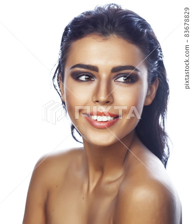 young pretty caucasian brunette woman posing cheerful on white background isolated, lifestyle people concept 83678829